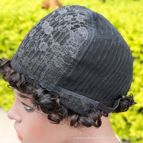 Short bob Wigs with Bangs Human Hair Wig Pixie Cut Curly Wigs for Black Women natural black with part style